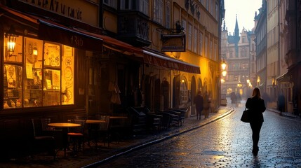 Obraz premium A woman walking down a cobbled street at dusk