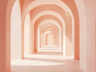 Fototapeta premium Modern Architecture Interior Design: Arches, Shadows, and Pastel Colors in a Minimalist, Symmetrical, Serene Hallway