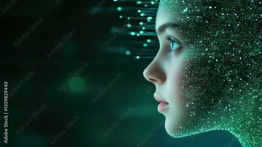 Poster digital genesis: a futuristic portrait of a child emerging from data streams