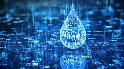 The glowing water drop, infused with data streams and binary patterns, represents advanced environmental monitoring and AI-powered conservation efforts.

