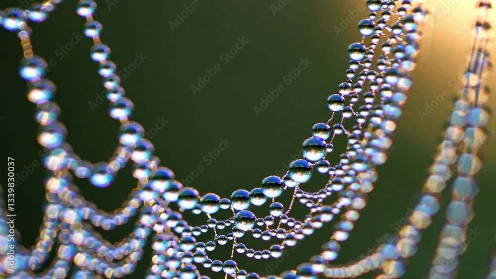 Poster close-up of dew drops on spider web with sunlight highlighting the delicate structure