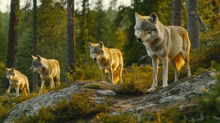 Fototapeta premium A Small Pack Of Wolves Walking Through A Forest