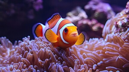 Vibrant Clownfish Swimming Amidst Swaying Sea Anemone in Colorful Coral Reef, Capturing the Beauty and Diversity of Marine Life in a Bright, Lively, Underwater Ecosystem of Oceanic Wonders