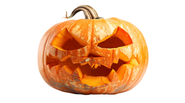 Carved Halloween jack o lantern pumpkin isolated on white background. PNG
