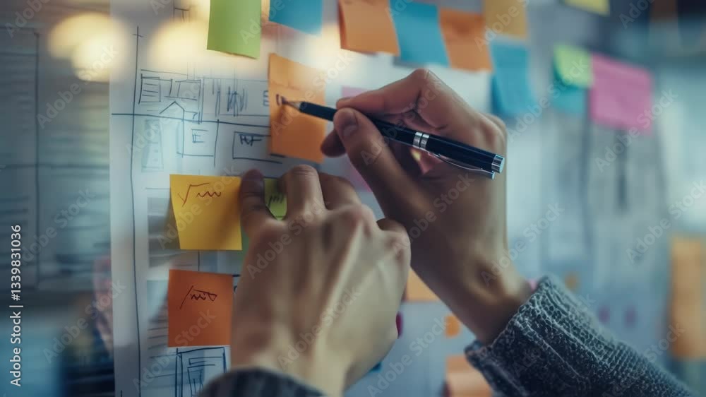 Aufkleber software developer writing and organizing notes on sticky notes on a transparent whiteboard in a mod