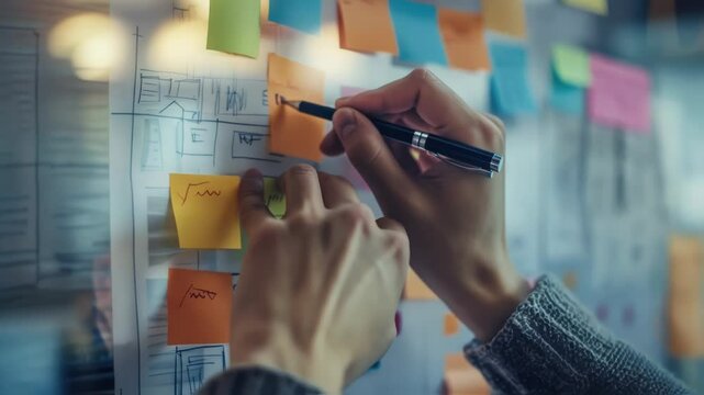 Software developer writing and organizing notes on sticky notes on a transparent whiteboard in a modern office, planning and developing new software
