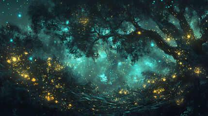 Obraz premium Bioluminescent mycelium network. Enchanted Mycelium. Illustration