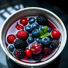 fresh raspberries, blueberries and mulberries in a bowl of water, dark background