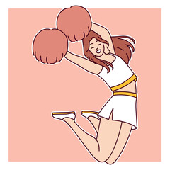Cheerleader jumps energetically while holding pom-poms. She wears a classic cheerleading uniform, representing team spirit, enthusiasm, and sports motivation