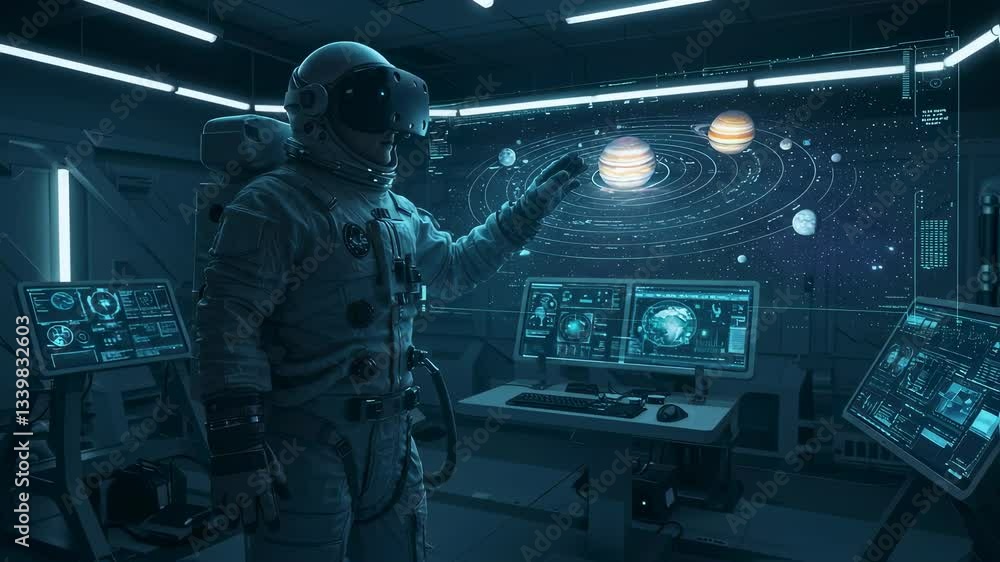 Aufkleber astronaut interacts with solar system virtual reality interface in spaceship. man exploring metavers