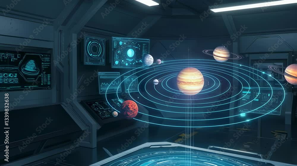 Aufkleber man in vr headset interacting with solar system hologram in spaceship footage. astronaut exploring p