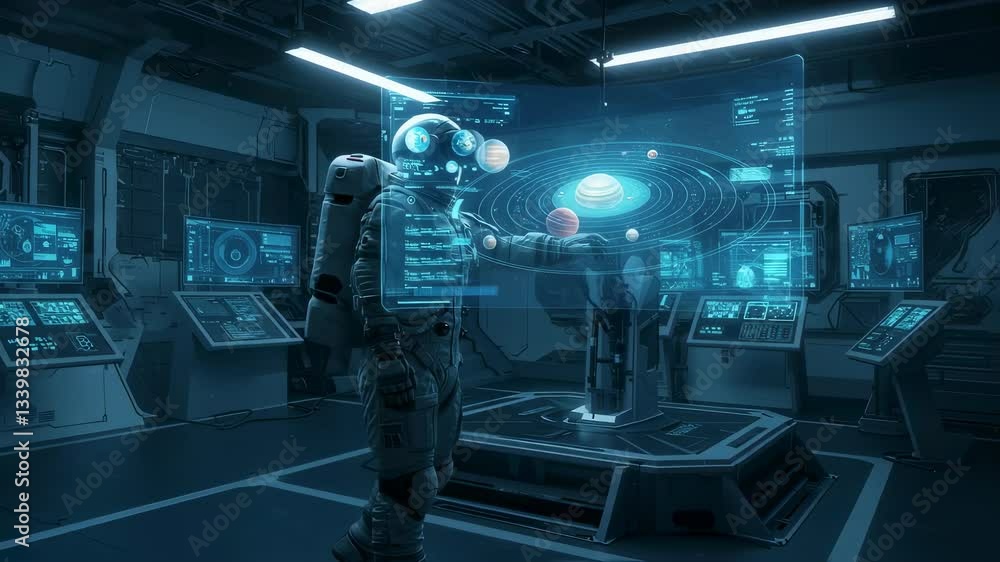 Aufkleber futuristic astronaut studying solar system on holographic display in command center video. man in sp