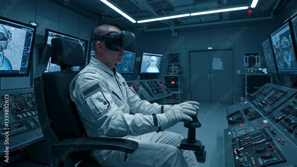 Aufkleber man in vr headset piloting spacecraft in futuristic control room video. using advanced simulation te