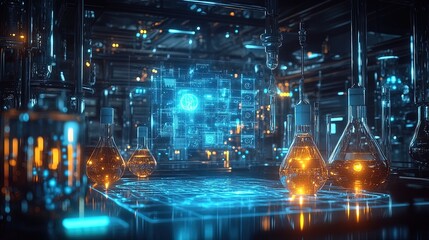 A glowing holographic periodic table floating in a futuristic chemistry lab, intricate and vibrant 