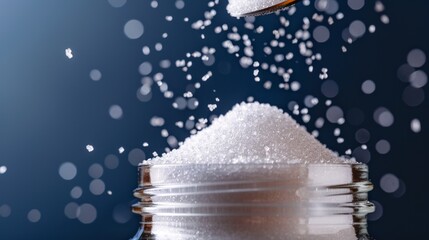 A cracked sugar jar symbolizes breaking free from sugar addiction. Defined glass shards with sharp granulated sugar details.