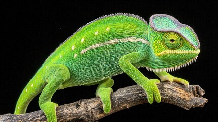 Fototapeta premium A vibrant green chameleon perched on a small piece of wood