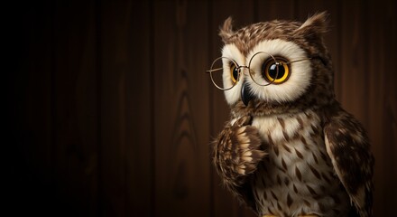 Obraz premium Owl wearing glasses with a thoughtful expression, evoking curiosity and wisdom, set against a softly illuminated wooden background