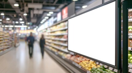 Fototapeta premium Digital signage in supermarket interior. Blank screen for advertisement. People walking in background. Modern retail space with shelves of products. Fresh fruits, vegetables visible.