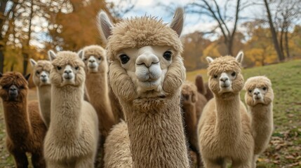 Adorable Alpaca Herd in Autumn Pasture: Close-Up Nature Photography of Fluffy Farm Animals