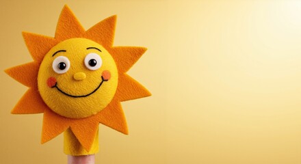 Cheerful sun puppet with smiley face and bright colors, creating a joyous atmosphere, representing playfulness and creativity, set against a soft yellow background