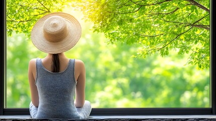 Woman enjoying view outdoors near window, surrounded by green