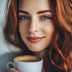 Woman enjoys morning coffee, smiling at camera, blurred background