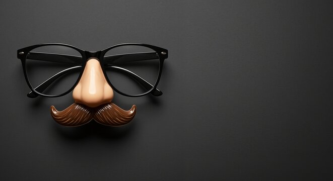 Funny glasses with a nose and mustache on a plain black background creating a playful mood reflecting humor and silliness