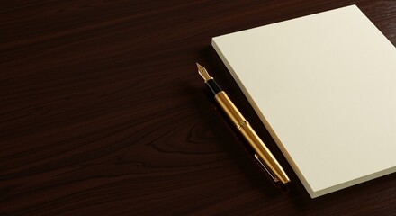 Elegant golden fountain pen resting on a blank notepad on a rich wooden surface conveying a sense of preparation and organization for upcoming tasks