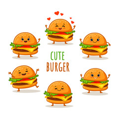set of cute cartoon burger isolated on white. Funny hamburger character with hearts in flat style. Burger in different poses.
