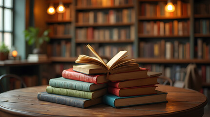 Warm Library Books Stack Wooden Table Reading Study Literature