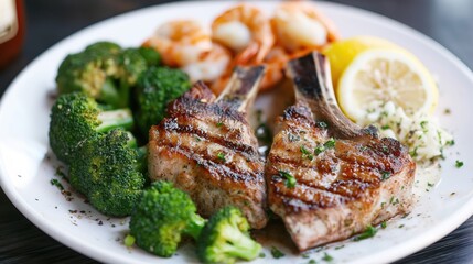 Grilled Meat and Succulent Shrimp with Broccoli and Lemon: A Gourmet Protein-Rich Dining Experience