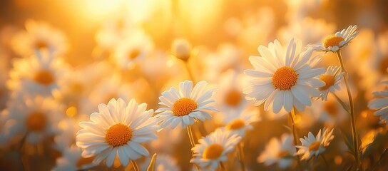 Close up of white daisies in a field during sunset, glowing with warm sunlight, soft focus, beautiful floral display, nature, summer, natural beauty, vibrant colors, detailed petals, soft light, warm