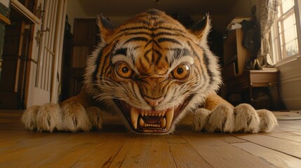 A Large Tiger Leans Forward Approaching From Inside A House