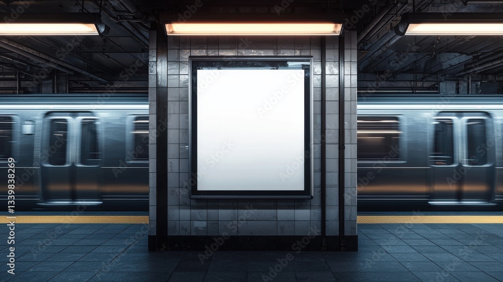 Poster empty advertisement display in nyc subway station. fast moving train visible in background. modern m