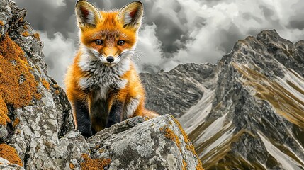 A beautiful fox sits atop a rocky mountain setting