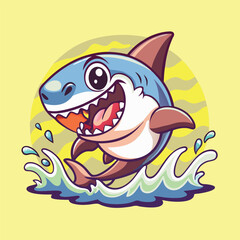 Playful Cartoon Shark Leaping Out of the Water with Wide Jaws