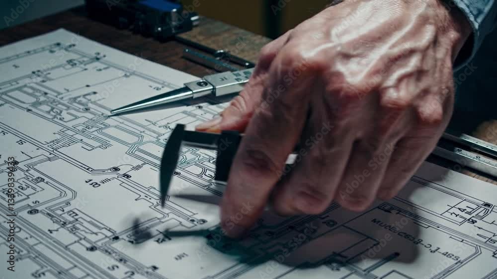 Poster engineering precision focus on simple composition of technical draft with caliper tool