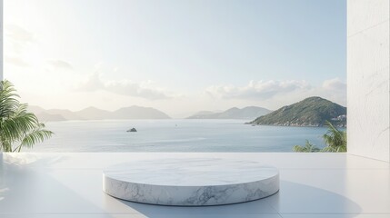Empty pedestal white marble on white floor with sea and island view background. High quality photo