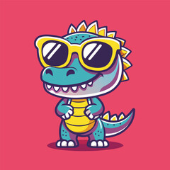 Fototapeta premium Cute and Stylish Dinosaur Cartoon Character Rocking Sunglasses