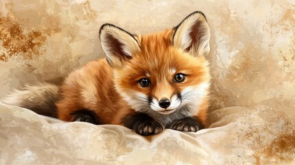 Obraz premium A Small Adorable Fox Cub Resting Comfortably On a Soft Surface