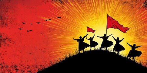 Naklejka premium People Holding Flags Silhouette On A Hill Against A Sunset