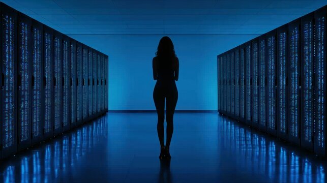 Silhouette of woman stands facing the data center server racks