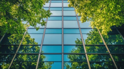 Exemplifying the ESG - Environmental, Social, Governance concept, a corporate glass building facade reflects green trees. Importance of integrating sustainability into business practice. 