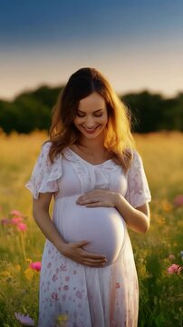 Pregnant woman in a white dress holding her belly and future baby in a field of flowers with sun and sunset, surrounded by love and prosperity