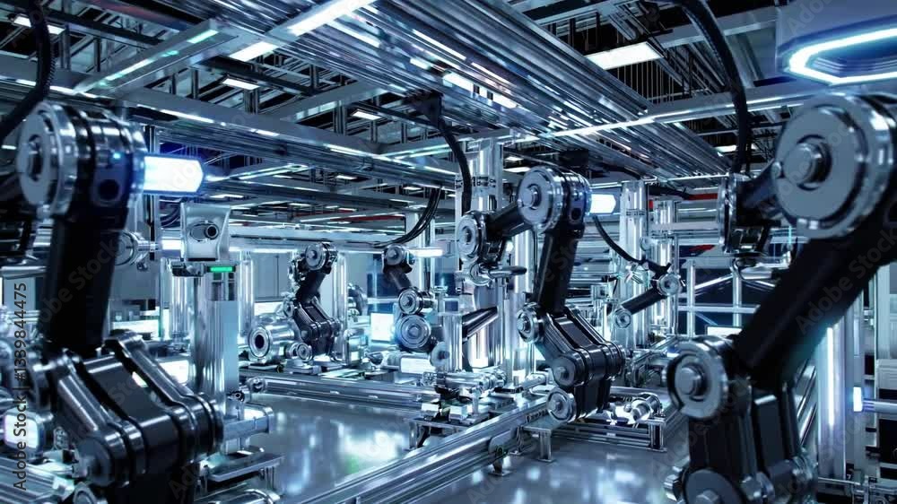 Poster advanced robotic systems in a futuristic factory setting with sleek metallic design