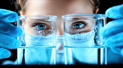A scientist with intense eyes is looking at vials of liquid