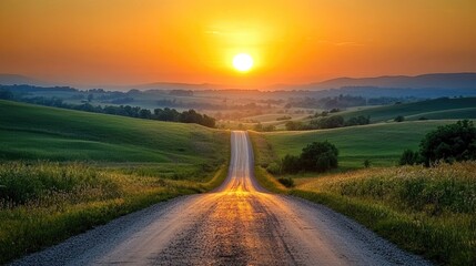 Winding road extending into the distance with the setting sun casting warm light across the landscape, framed by lush green hills and mountains, symbolizing the freedom of travel and exploration.