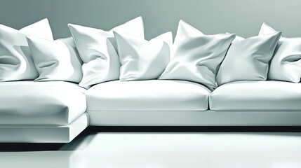 The white sectional sofa with multiple fluffy pillows inside a room