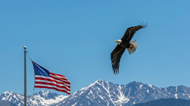 Bald eagle soars near american flag with mountains in the background stock footage. Patriotic, powerful, freedom symbol in nature scenic view motion clip - Powered by Adobe