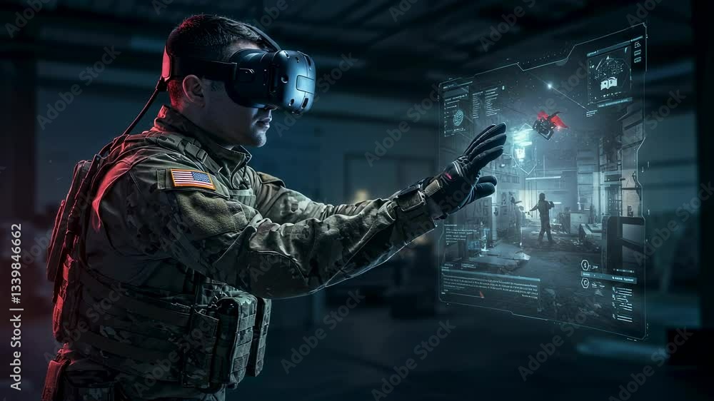 Poster man in military uniform immersed in virtual reality with futuristic interface video footage. soldier